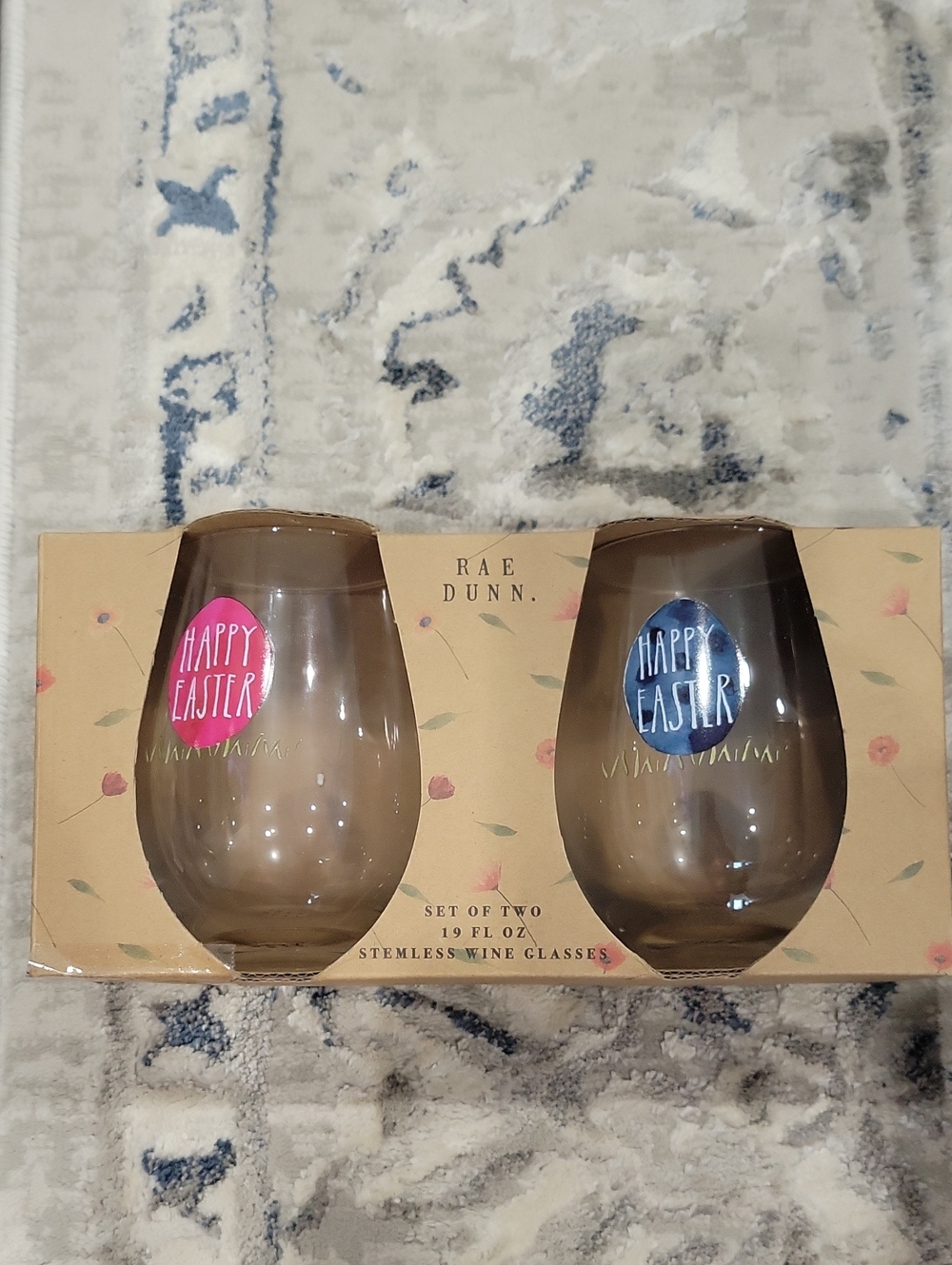 Rae Dunn Smoky Gray Stemless Wine Glasses with Pink & Blue Decals - Set of 2